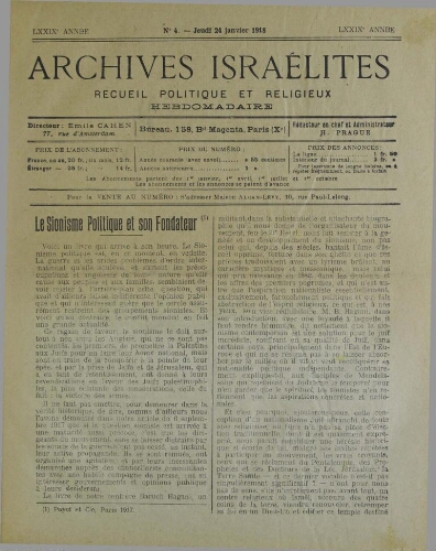 Archives israélites de France. Vol.79 N°04 (24 janv. 1918)